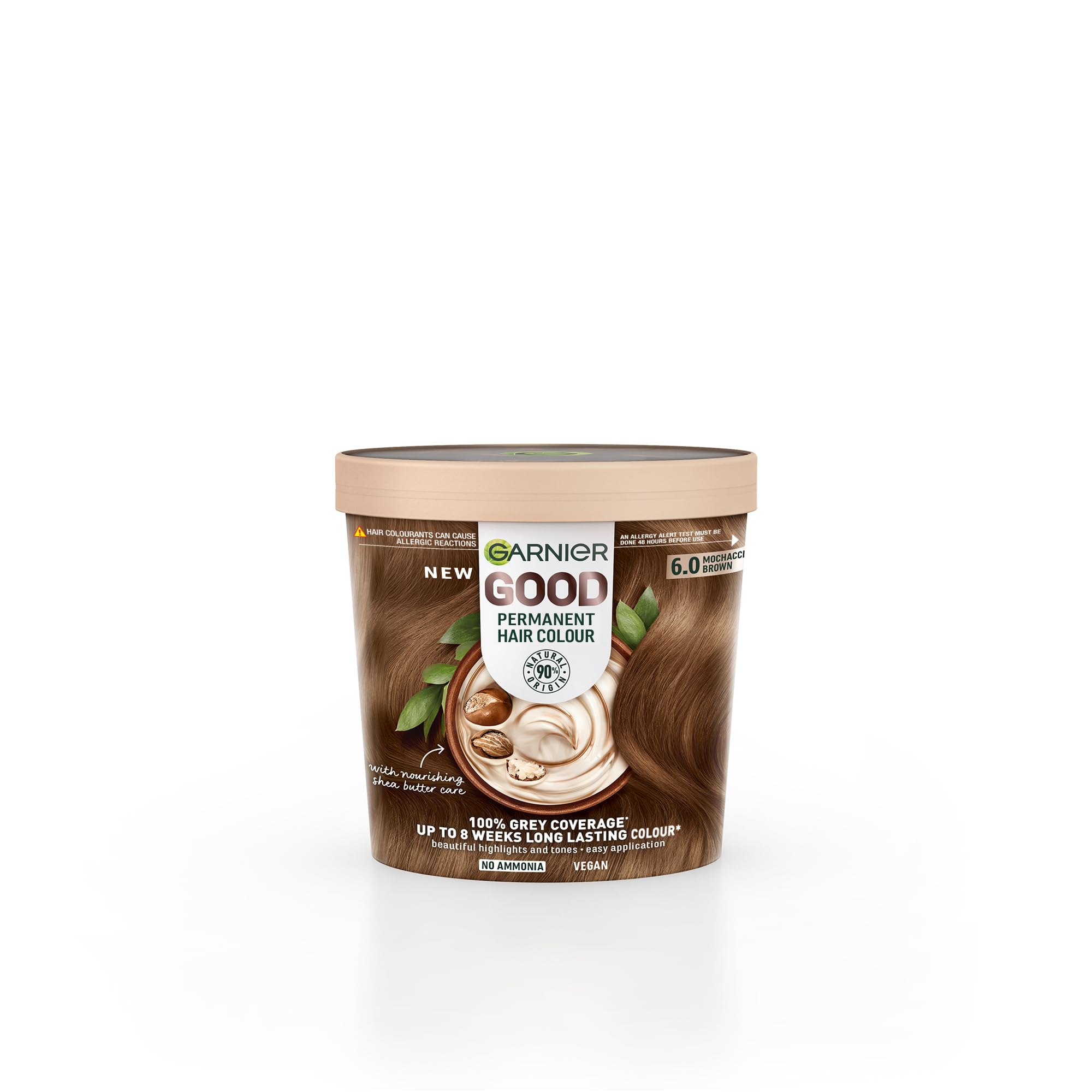 Garnier GOOD Permanent Hair Dye 6.0 Mochaccino Brown - Ammonia-Free Vegan Shea Butter for 100% Grey Coverage - Damaged Box