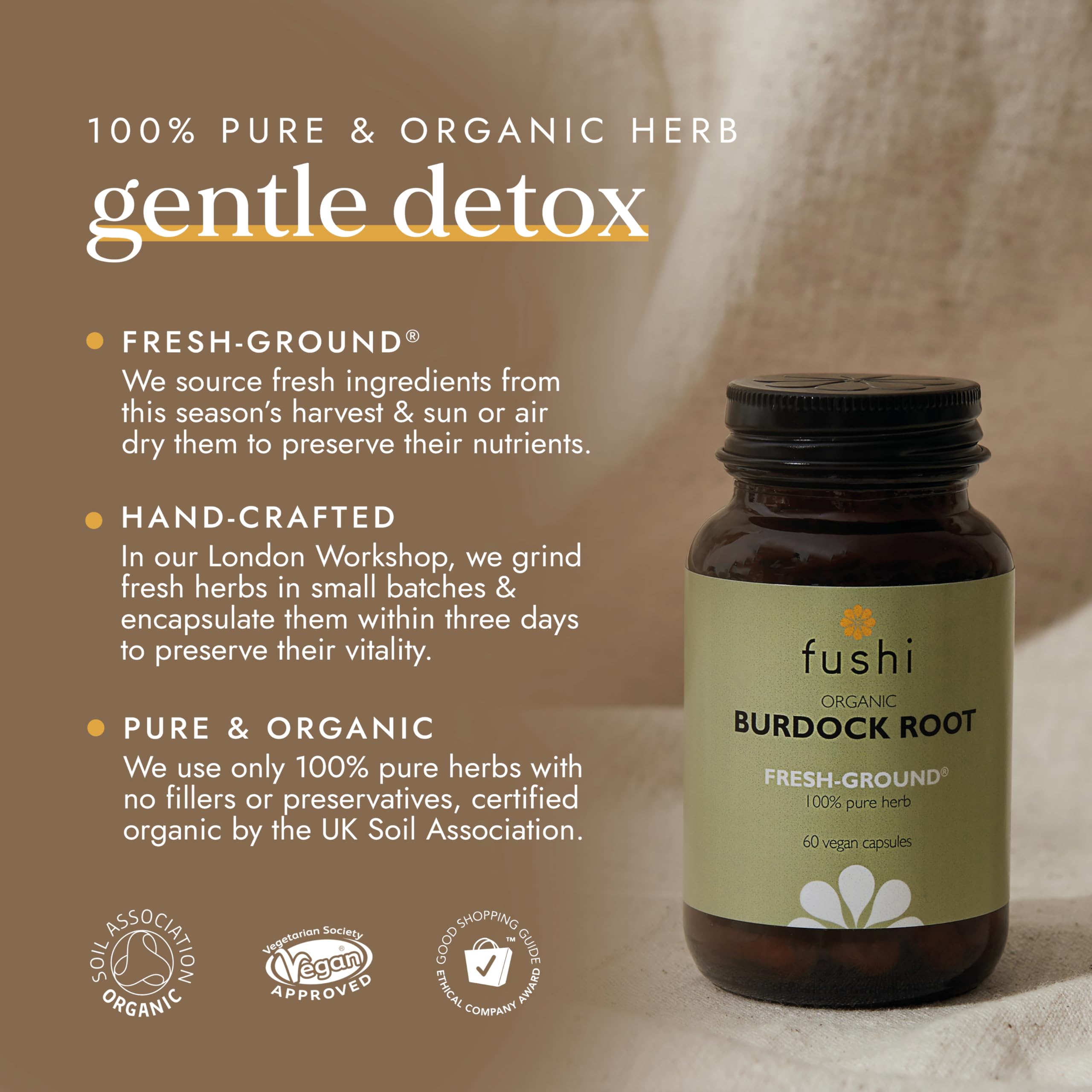 Fushi Organic Burdock Root Capsules - 60 Vegan Fresh-Ground Arctium Lappa Whole Food Supplement - BBE 07/2026