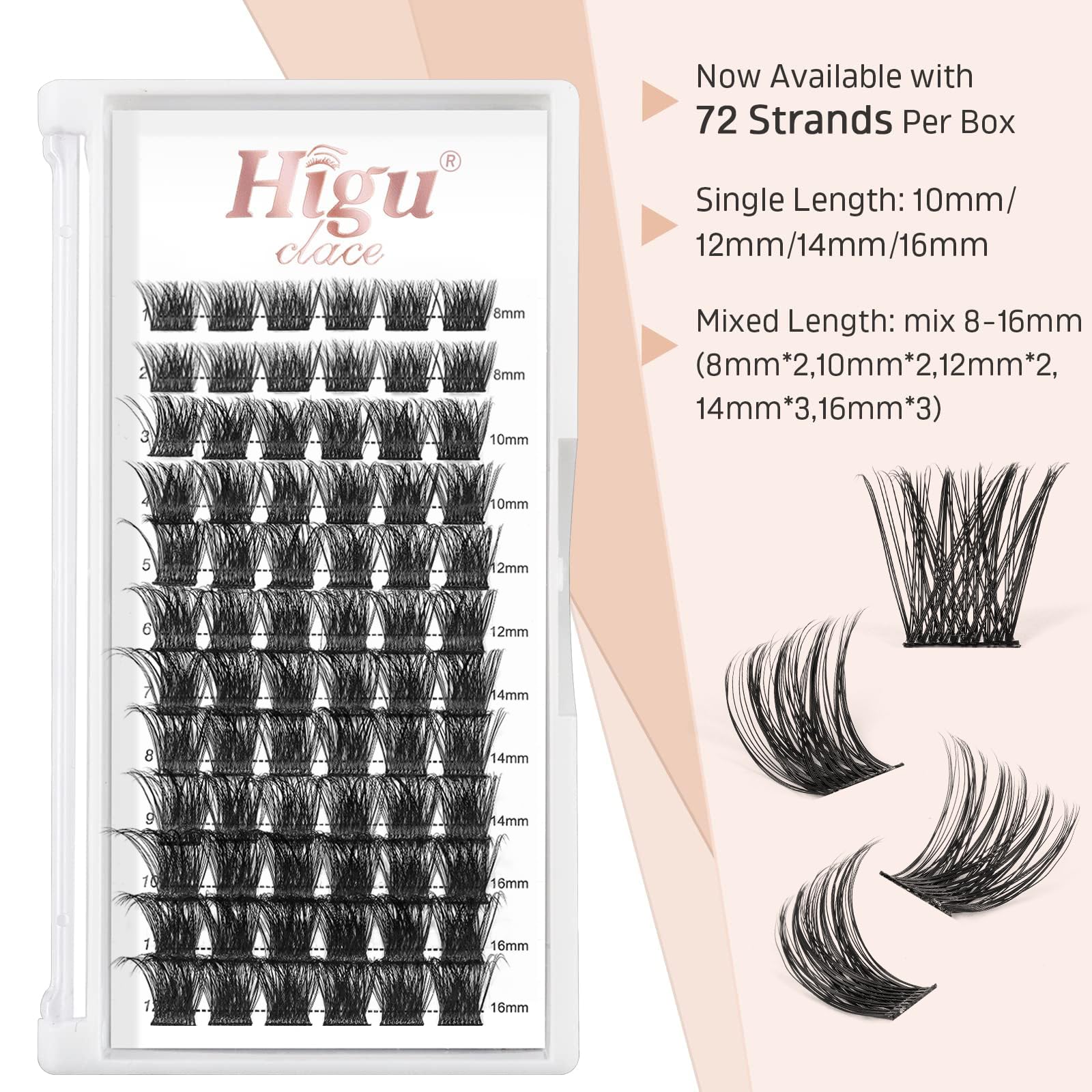 Higu clace Lash Clusters 72pcs - D Curl 14mm DIY Eyelash Extensions - Thin Stem Individual Cluster Lashes Wispy Reusable