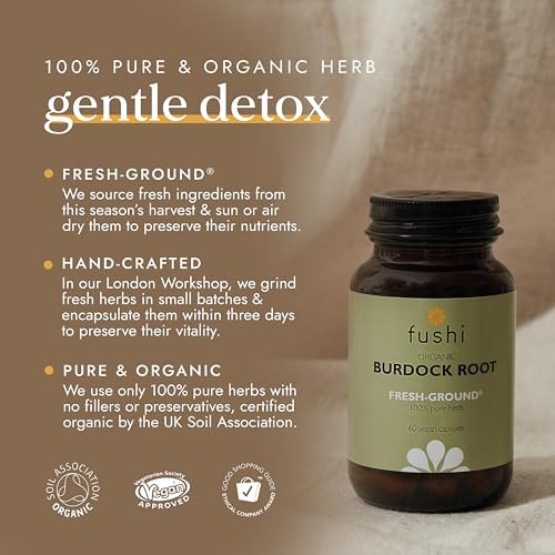 Fushi Organic Burdock Root Capsules - 60 Vegan Fresh-Ground Arctium Lappa Whole Food Supplement - BBE 07/2026