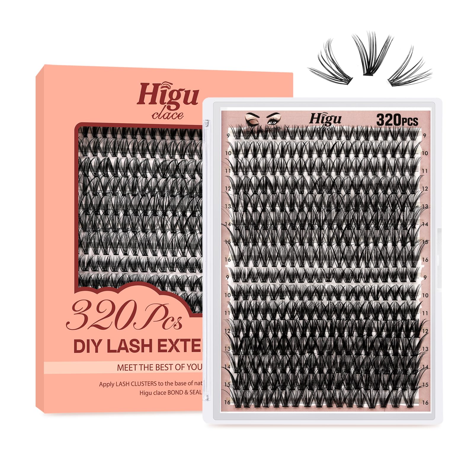 Higu clace Lash Clusters 72pcs - D Curl 14mm DIY Eyelash Extensions - Thin Stem Individual Cluster Lashes Wispy Reusable