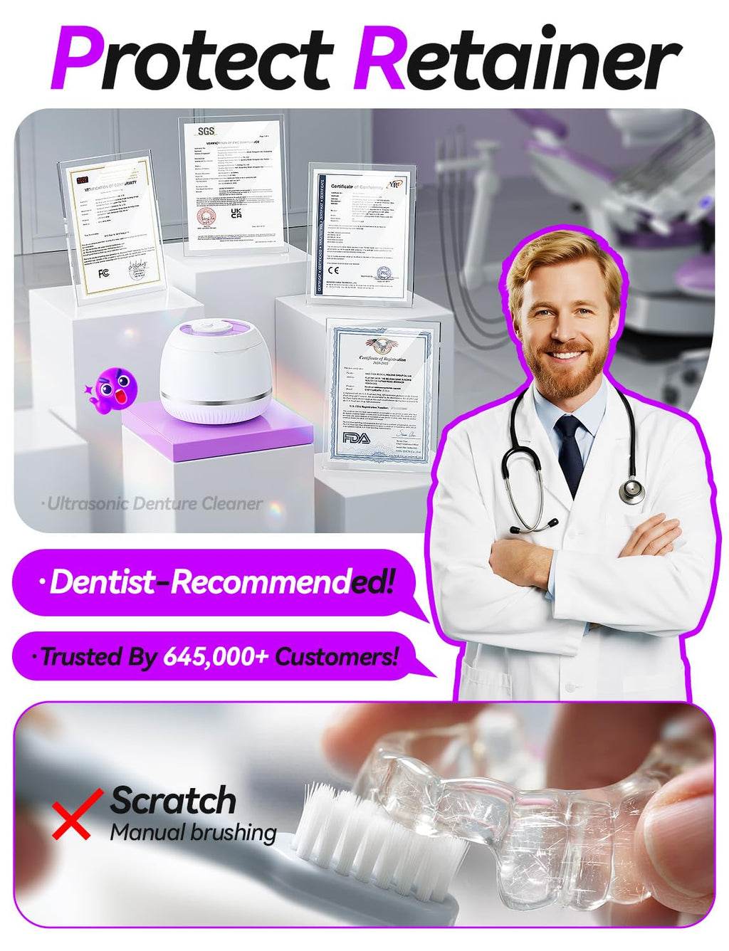 Beser Ultrasonic Retainer Cleaner, 2X Clean, 4X Sterilize, Dental Ultrasonic Tooth Cleaner Machine Pod for Aligner, Nightguard, Mouth Guard, Denture Cleaner Baths, Jewelry, IPX6, 200ML (Warm White) - Damaged Box