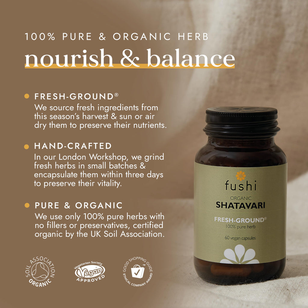 Fushi Shatavari Organic Herbal Supplement 60 Capsules - Female Balance Women's Health Wholefood Vegan - BBE 06/2028