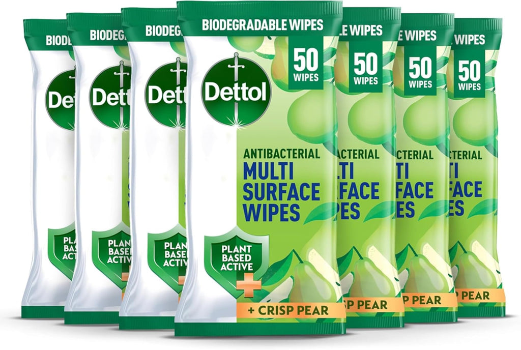 Dettol Antibacterial Multi Surface Cleaning Wipes, Crisp Pear, 350 Wipes (50 x 7pck) Plant-Based, Disinfectant, Biodegradable, Kills 99.9 Percent of Germs - Damaged Box