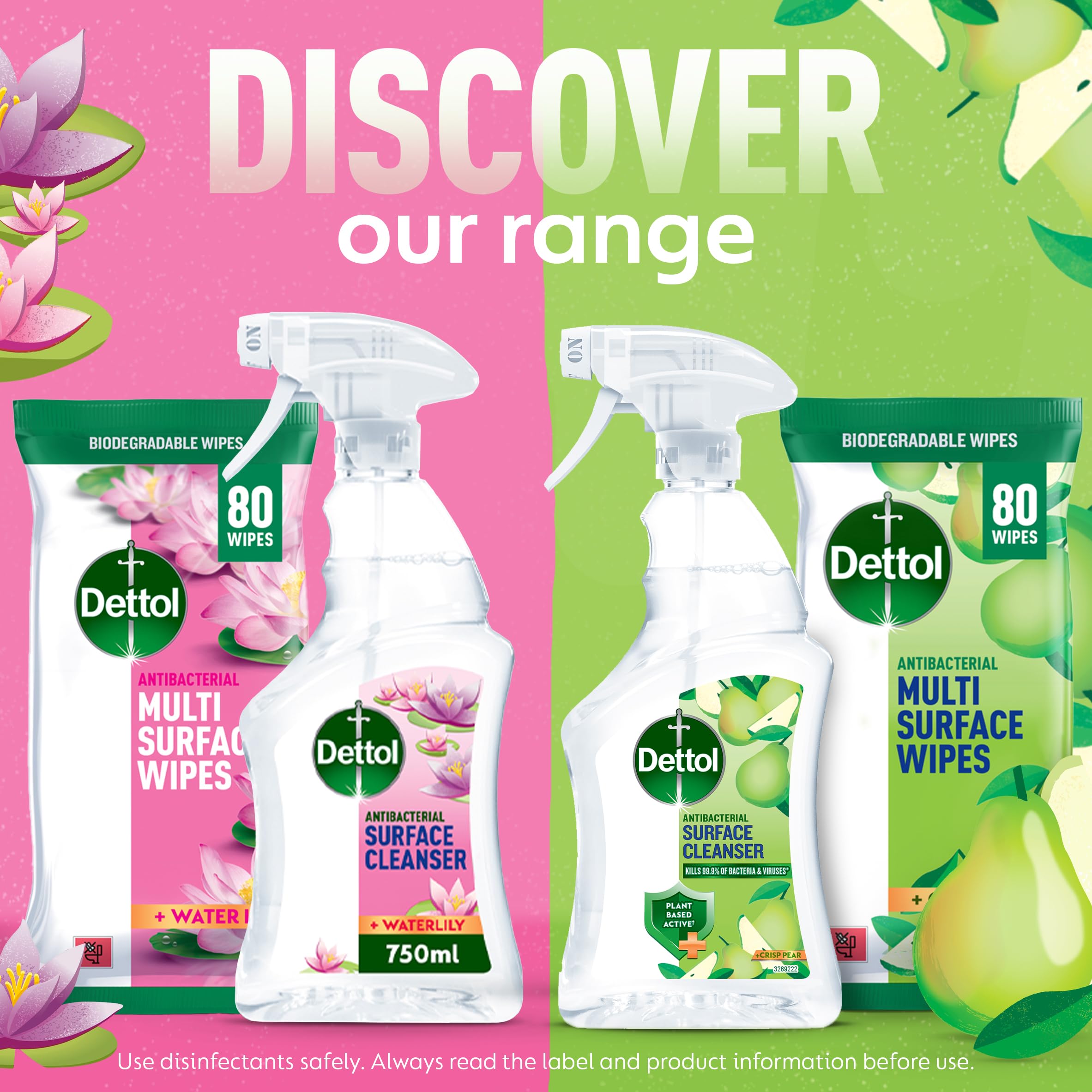 Dettol Antibacterial Multi Surface Cleaning Wipes, Crisp Pear, 350 Wipes (50 x 7pck) Plant-Based, Disinfectant, Biodegradable, Kills 99.9 Percent of Germs - Damaged Box
