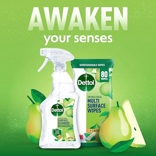 Dettol Antibacterial Multi Surface Cleaning Wipes, Crisp Pear, 350 Wipes (50 x 7pck) Plant-Based, Disinfectant, Biodegradable, Kills 99.9 Percent of Germs - Damaged Box