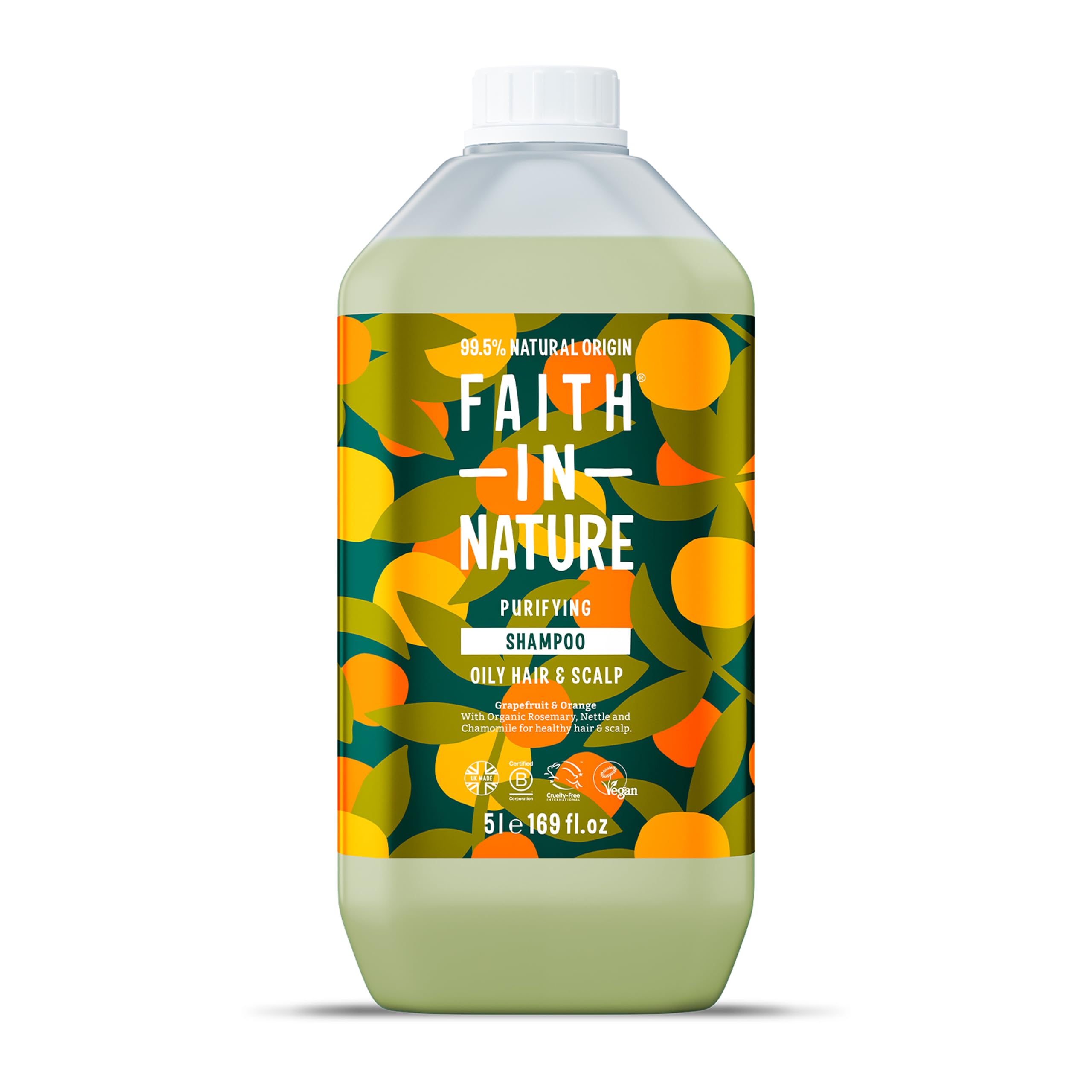 Faith In Nature Grapefruit and Orange Shampoo 5L Refill Bottle Purifying Hair Care for Oily Scalp Vegan and Paraben Free Bulk Pack