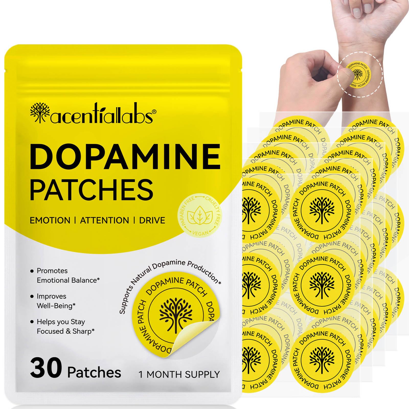 Dopamine Patches, 30 Vegan Skin Kind Dopamine Happy Patches, Transdermal Patch with 5-HTP for Overall Well-Being - BBE 08/2028