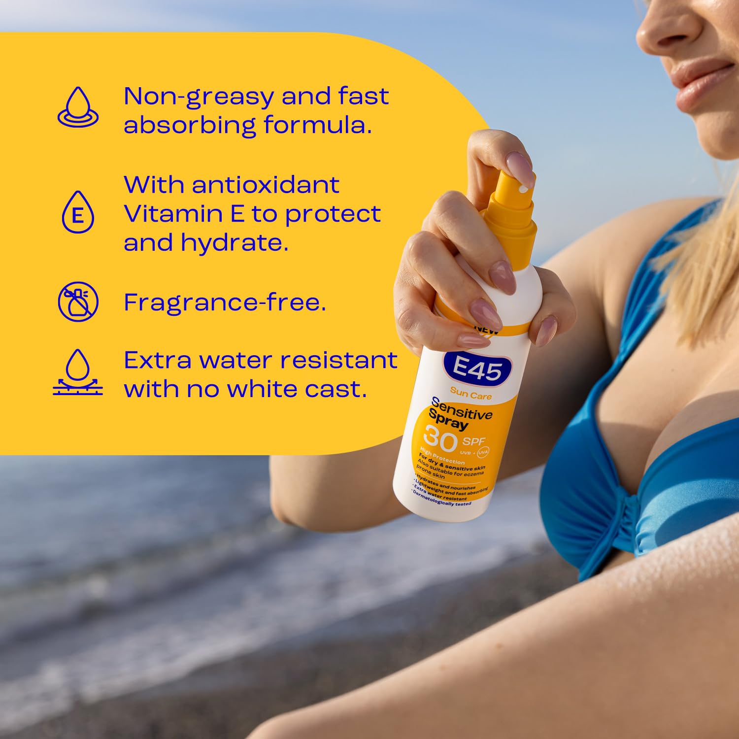 E45 Sunscreen Spray SPF 30 - High UVA/UVB Protection, Hydrating, Sensitive & Eczema Prone Skin, 180ml - Damaged Box