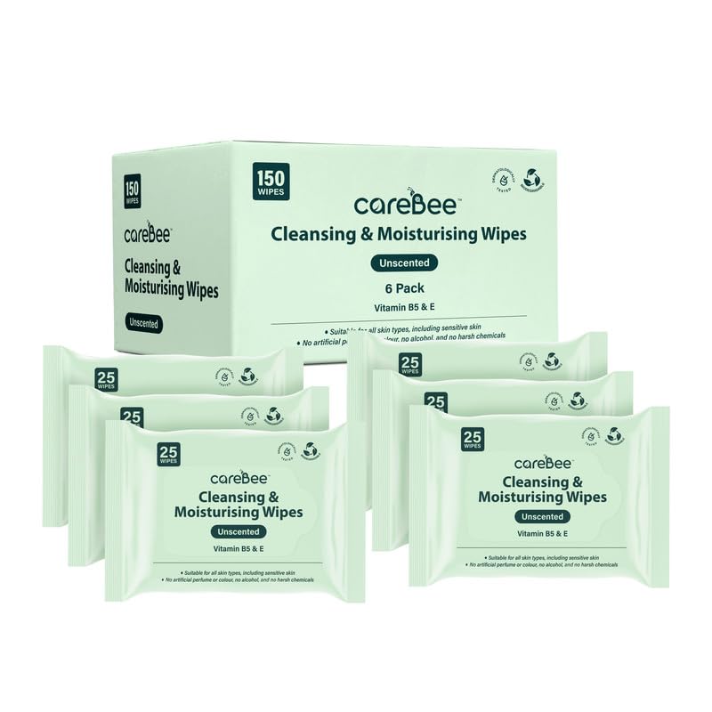 CareBee Plastic-Free Facial Wipes, 25 Wipes Per Pack, Plant-Based & FSC Certified | Biodegradable, Gentle Makeup Remover Wipes | Vegan, Eco-Friendly Cleansing Wipes for All Skin Types (Pack of 6) - Damaged Box