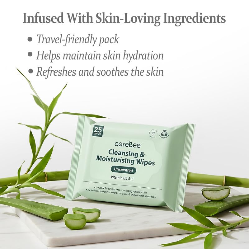 CareBee Plastic-Free Facial Wipes, 25 Wipes Per Pack, Plant-Based & FSC Certified | Biodegradable, Gentle Makeup Remover Wipes | Vegan, Eco-Friendly Cleansing Wipes for All Skin Types (Pack of 6) - Damaged Box