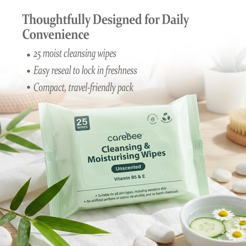 CareBee Plastic-Free Facial Wipes, 25 Wipes Per Pack, Plant-Based & FSC Certified | Biodegradable, Gentle Makeup Remover Wipes | Vegan, Eco-Friendly Cleansing Wipes for All Skin Types (Pack of 6) - Damaged Box