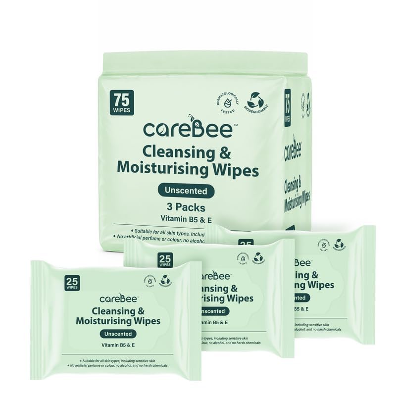CareBee Plastic-Free Facial Wipes, 25 Wipes Per Pack, Plant-Based & FSC Certified | Biodegradable, Gentle Makeup Remover Wipes | Vegan, Eco-Friendly Cleansing Wipes for All Skin Types (Pack of 6) - Damaged Box