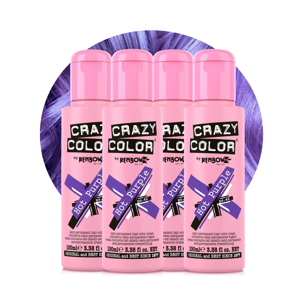Crazy Color Vibrant Hot Purple Semi-Permanent 4 Pack Quad Hair Dye. Highly Pigmented Royal Purple Conditioning & Oil Nourishing Vegan Formula No Bleach or Ammonia 400ml - Damaged Box