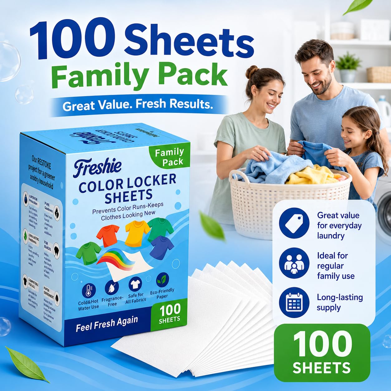 Freshie Colour Catcher Sheets - 100 Pack Laundry Dye Transfer Prevention for Mixed Colour Washes, All Fabrics - Damaged Box