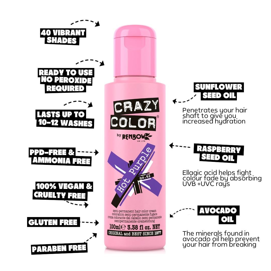 Crazy Color Vibrant Hot Purple Semi-Permanent 4 Pack Quad Hair Dye. Highly Pigmented Royal Purple Conditioning & Oil Nourishing Vegan Formula No Bleach or Ammonia 400ml - Damaged Box