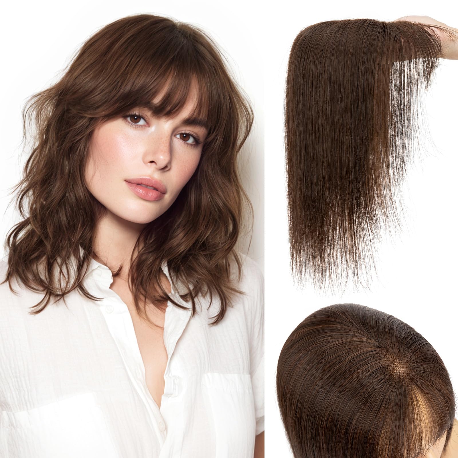 Benehair Human Hair Topper with Fringe - Dark Brown #2 Silk Base Lightweight 10 Inch 27g for Women Hair Loss