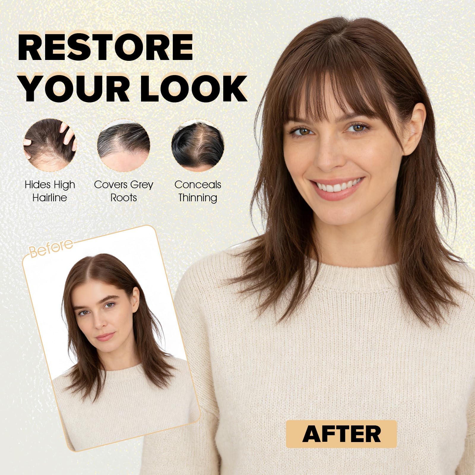 Benehair Human Hair Topper with Fringe - Dark Brown #2 Silk Base Lightweight 10 Inch 27g for Women Hair Loss