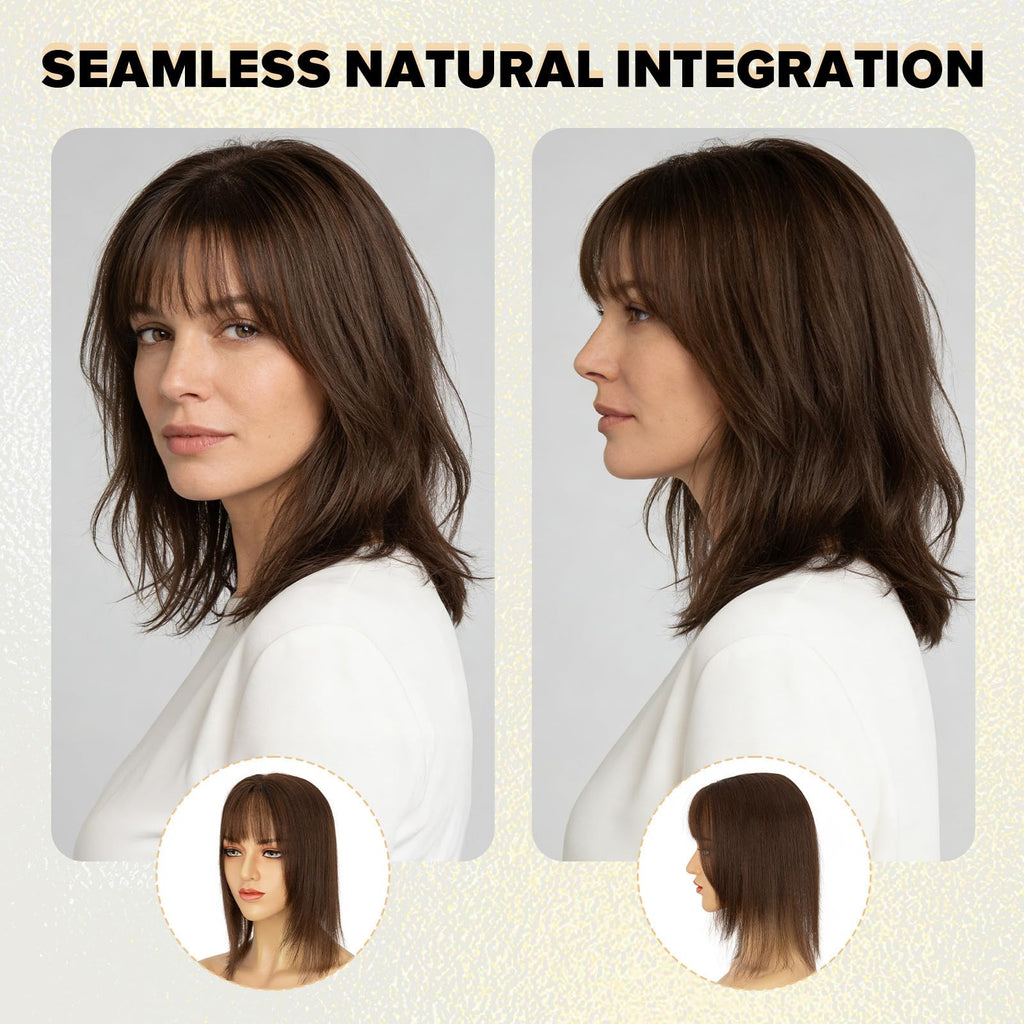 Benehair Human Hair Topper with Fringe - Dark Brown #2 Silk Base Lightweight 10 Inch 27g for Women Hair Loss