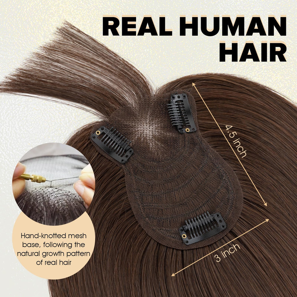 Benehair Human Hair Topper with Fringe - Dark Brown #2 Silk Base Lightweight 10 Inch 27g for Women Hair Loss