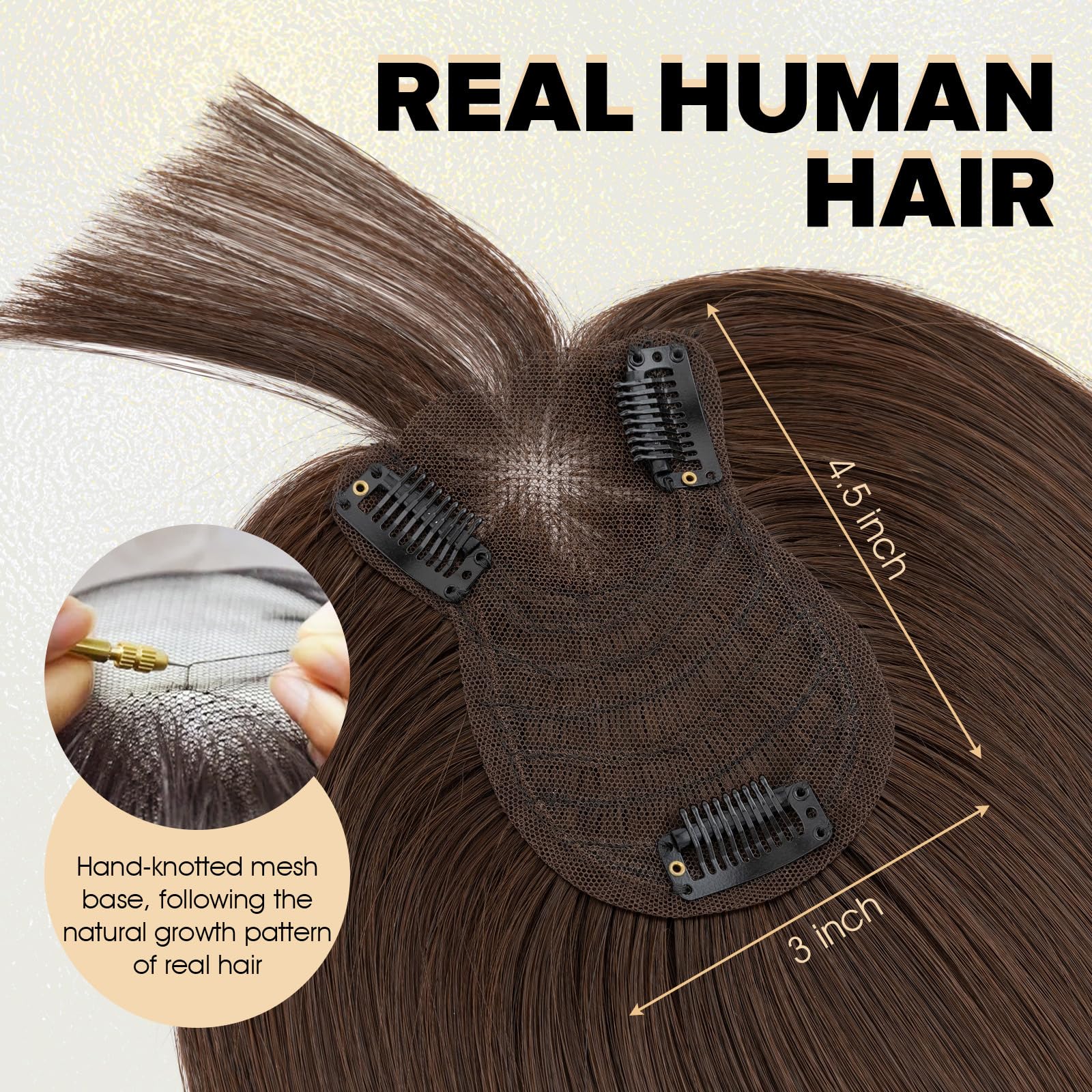 Benehair Human Hair Topper with Fringe - Dark Brown #2 Silk Base Lightweight 10 Inch 27g for Women Hair Loss
