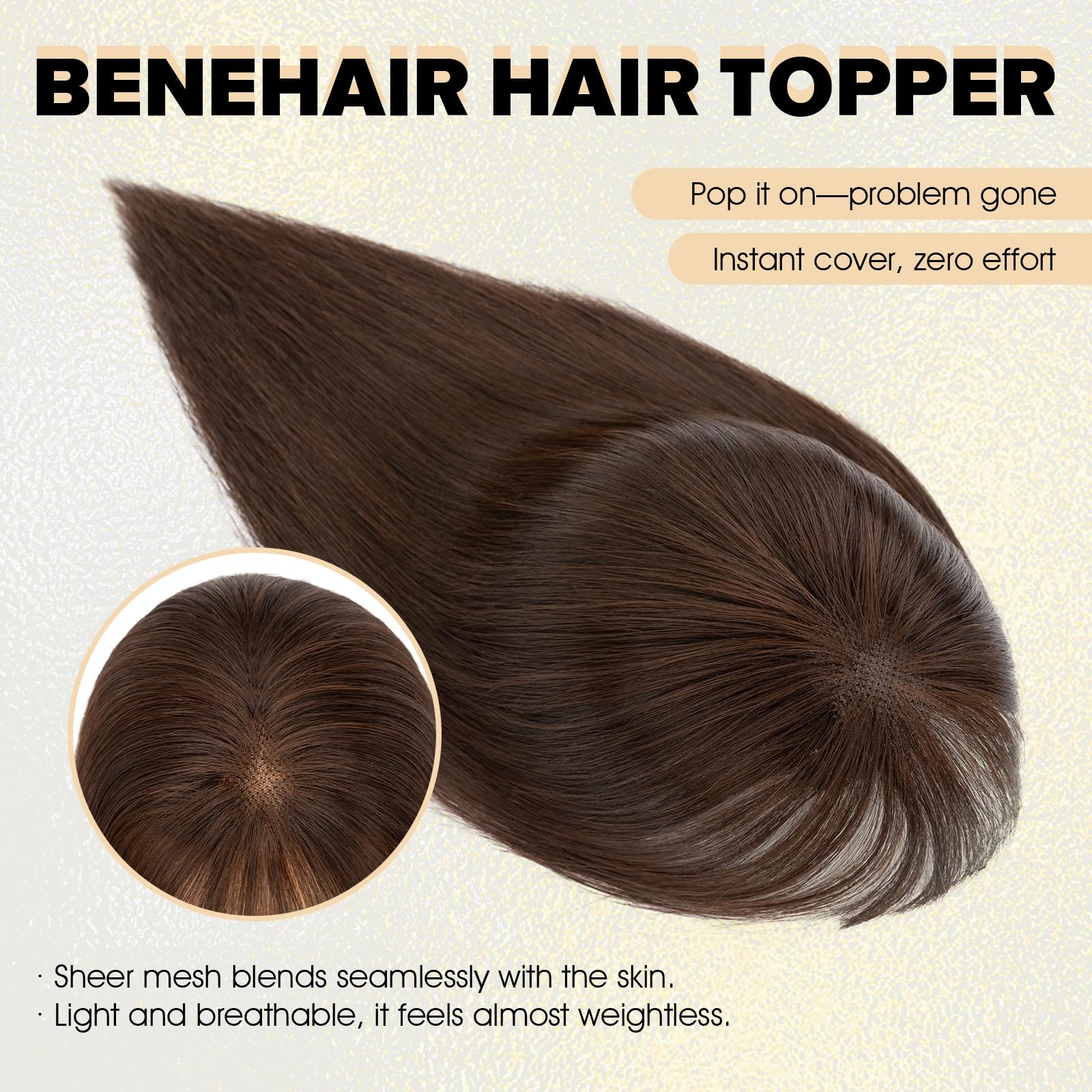 Benehair Human Hair Topper with Fringe - Dark Brown #2 Silk Base Lightweight 10 Inch 27g for Women Hair Loss