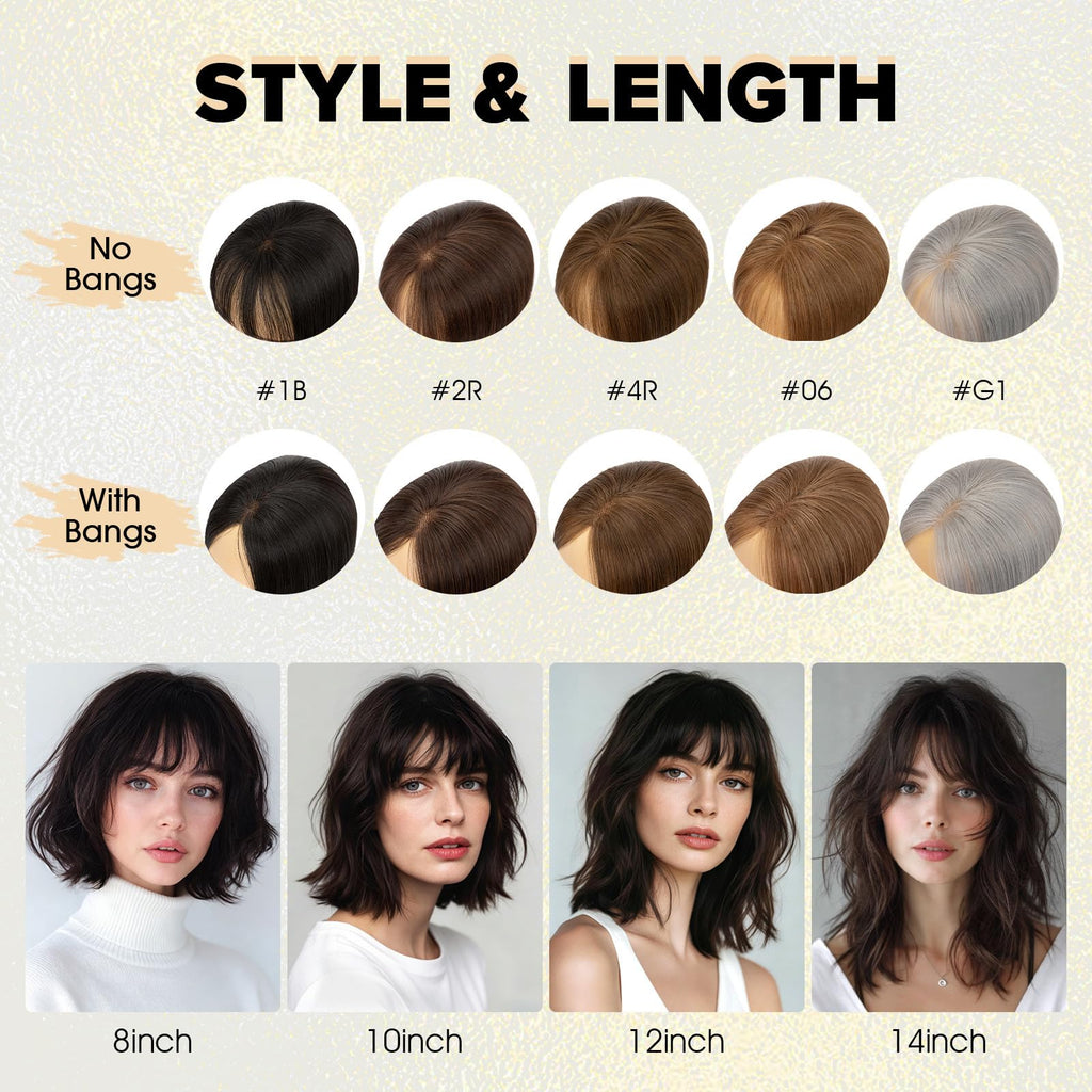 Benehair Human Hair Topper with Fringe - Dark Brown #2 Silk Base Lightweight 10 Inch 27g for Women Hair Loss