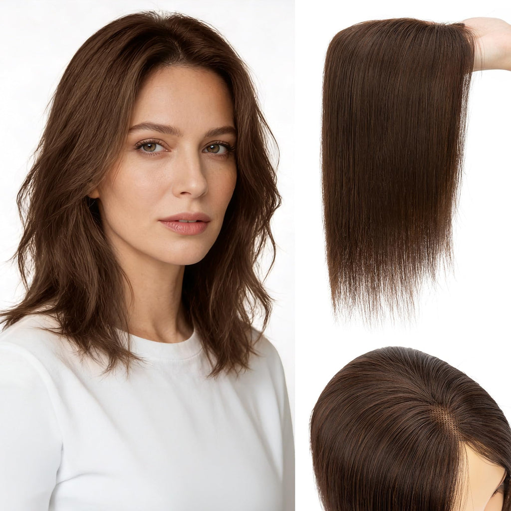Benehair Human Hair Topper with Fringe - Dark Brown #2 Silk Base Lightweight 10 Inch 27g for Women Hair Loss