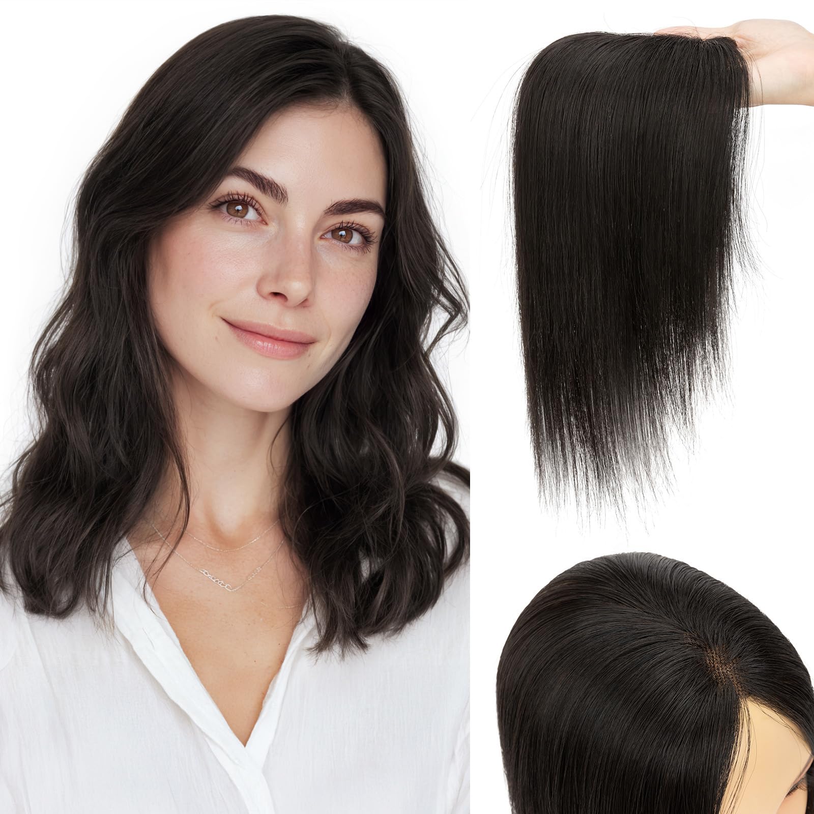 Benehair Human Hair Topper with Fringe - Dark Brown #2 Silk Base Lightweight 10 Inch 27g for Women Hair Loss