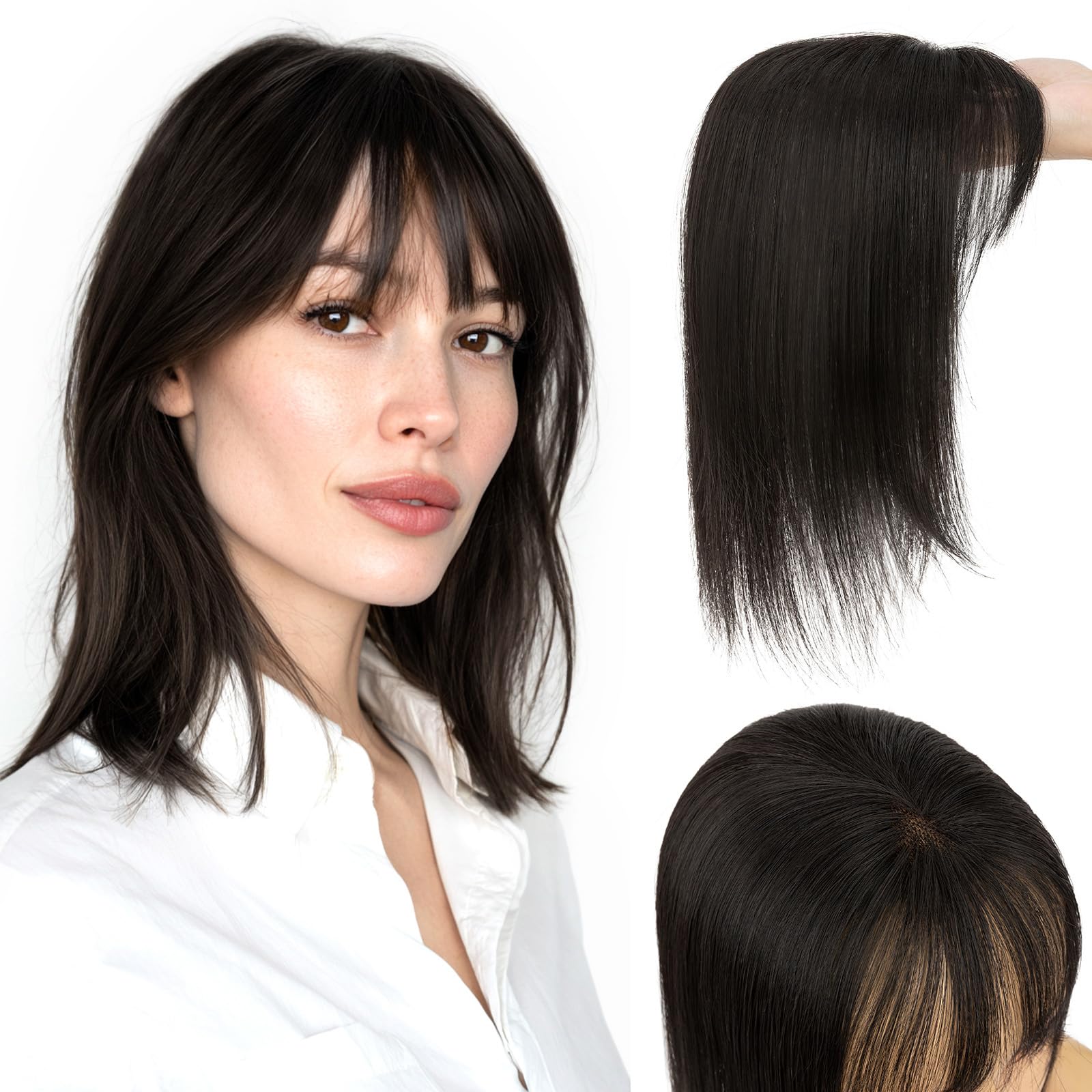 Benehair Human Hair Topper with Fringe - Dark Brown #2 Silk Base Lightweight 10 Inch 27g for Women Hair Loss