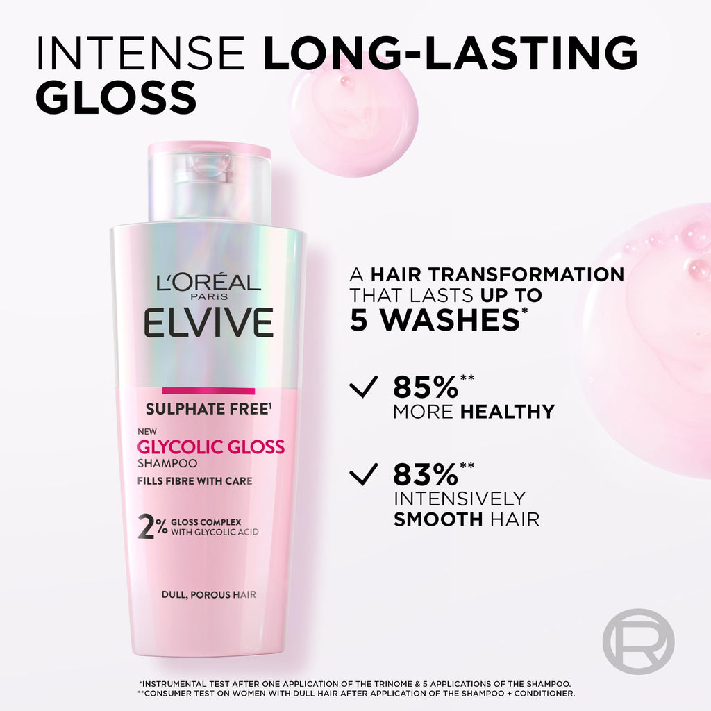 L'Oreal Paris Elvive Glycolic Gloss Shampoo 200ml - Sulphate Free, Smooth & Shiny Hair, Dull Hair - Damaged Box