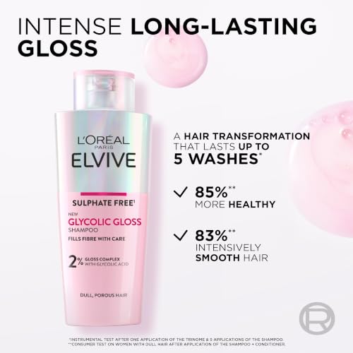 L'Oreal Paris Elvive Glycolic Gloss Shampoo 200ml - Sulphate Free, Smooth & Shiny Hair, Dull Hair - Damaged Box