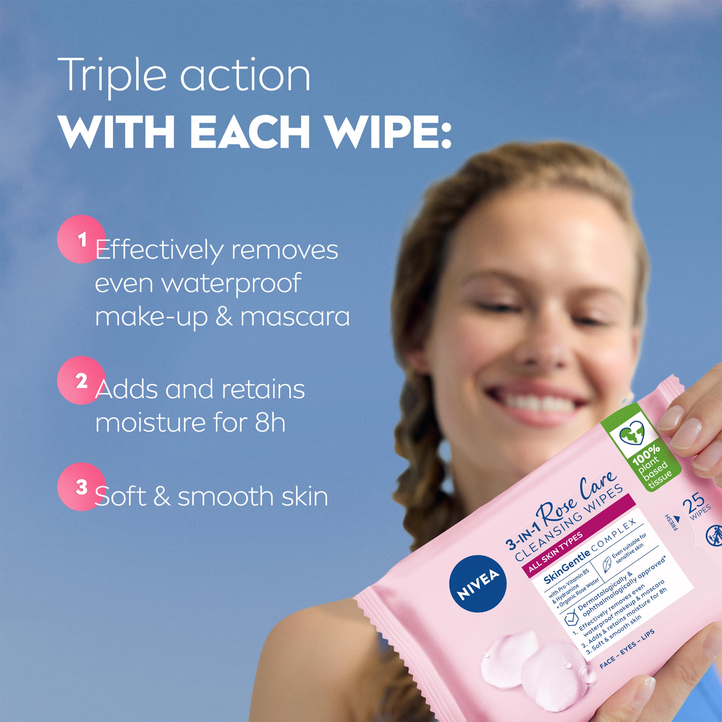 NIVEA 3in1 Rose Care Cleansing Wipes (2x25 Wipes), Plant-Based Makeup Remover Wipes, Face Wipes with Organic Rose Water, Gentle yet Effective Makeup Removal
