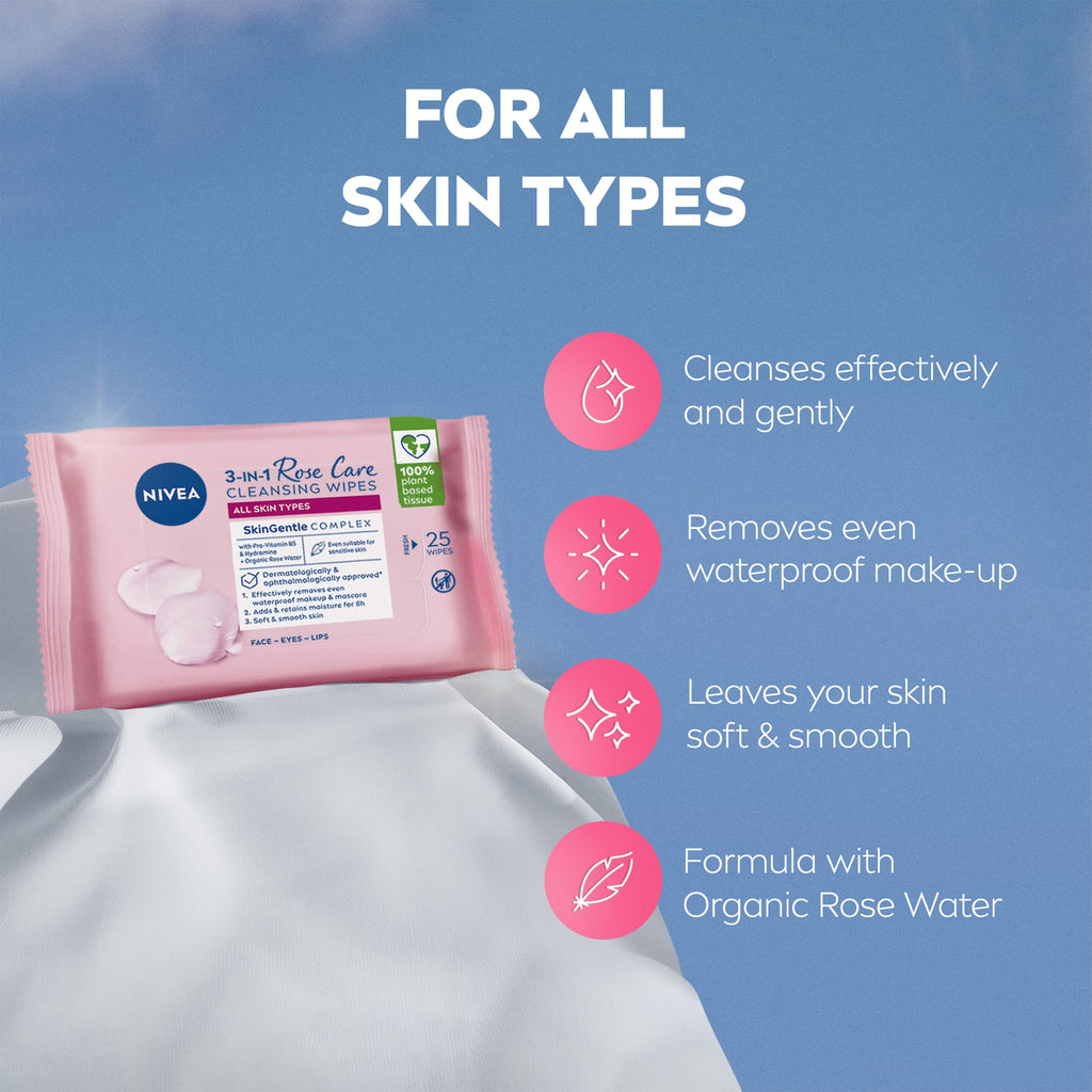 NIVEA 3in1 Rose Care Cleansing Wipes (2x25 Wipes), Plant-Based Makeup Remover Wipes, Face Wipes with Organic Rose Water, Gentle yet Effective Makeup Removal