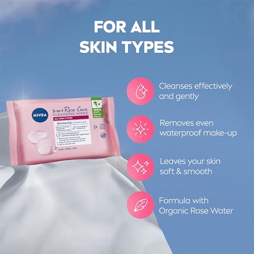 NIVEA 3in1 Rose Care Cleansing Wipes (2x25 Wipes), Plant-Based Makeup Remover Wipes, Face Wipes with Organic Rose Water, Gentle yet Effective Makeup Removal