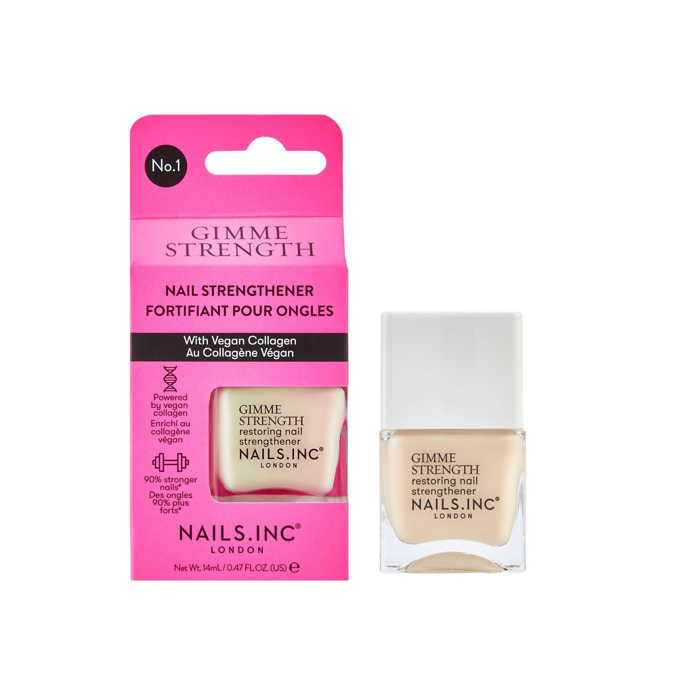 Nails Inc Gimme Strength Nail Treatment - Restoring Strengthener - Vegan Collagen - Shimmering Nail Highlighter - 14ml - Damaged Box