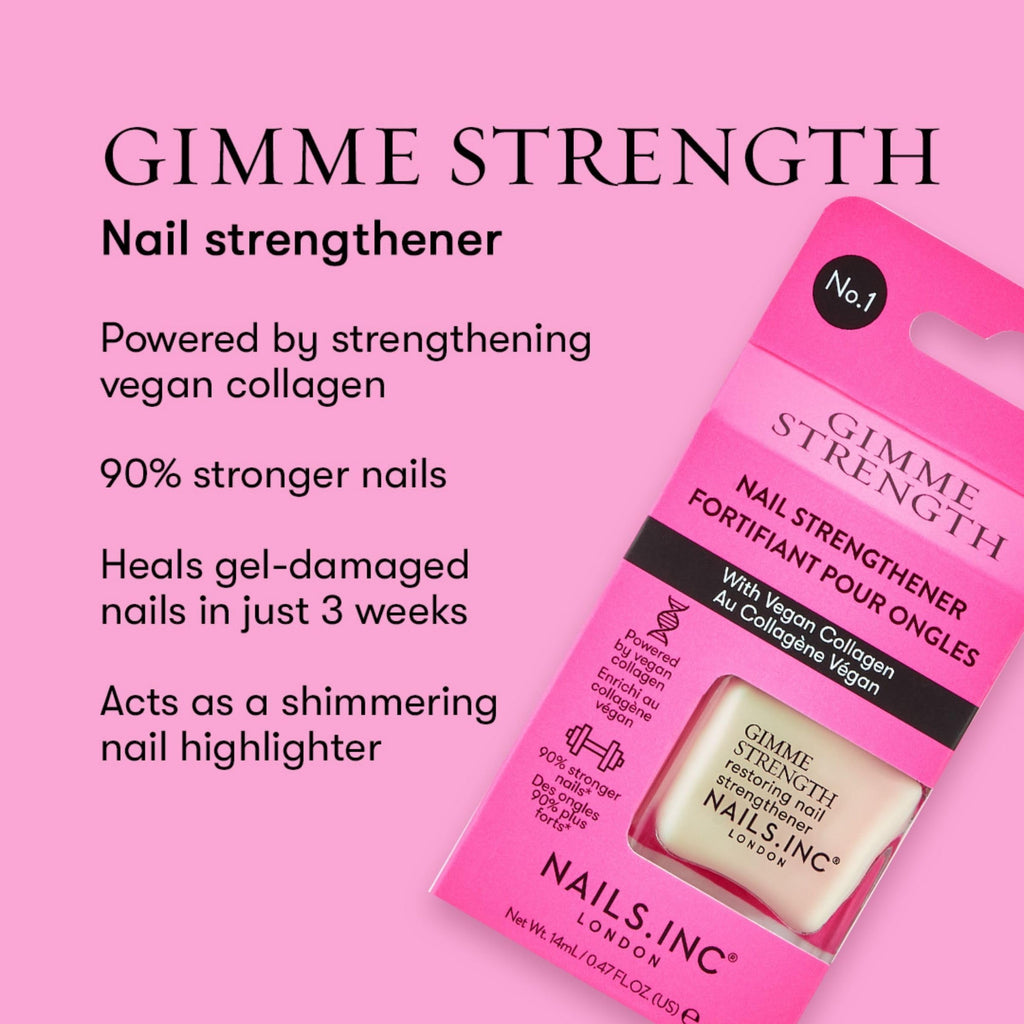Nails Inc Gimme Strength Nail Treatment - Restoring Strengthener - Vegan Collagen - Shimmering Nail Highlighter - 14ml - Damaged Box