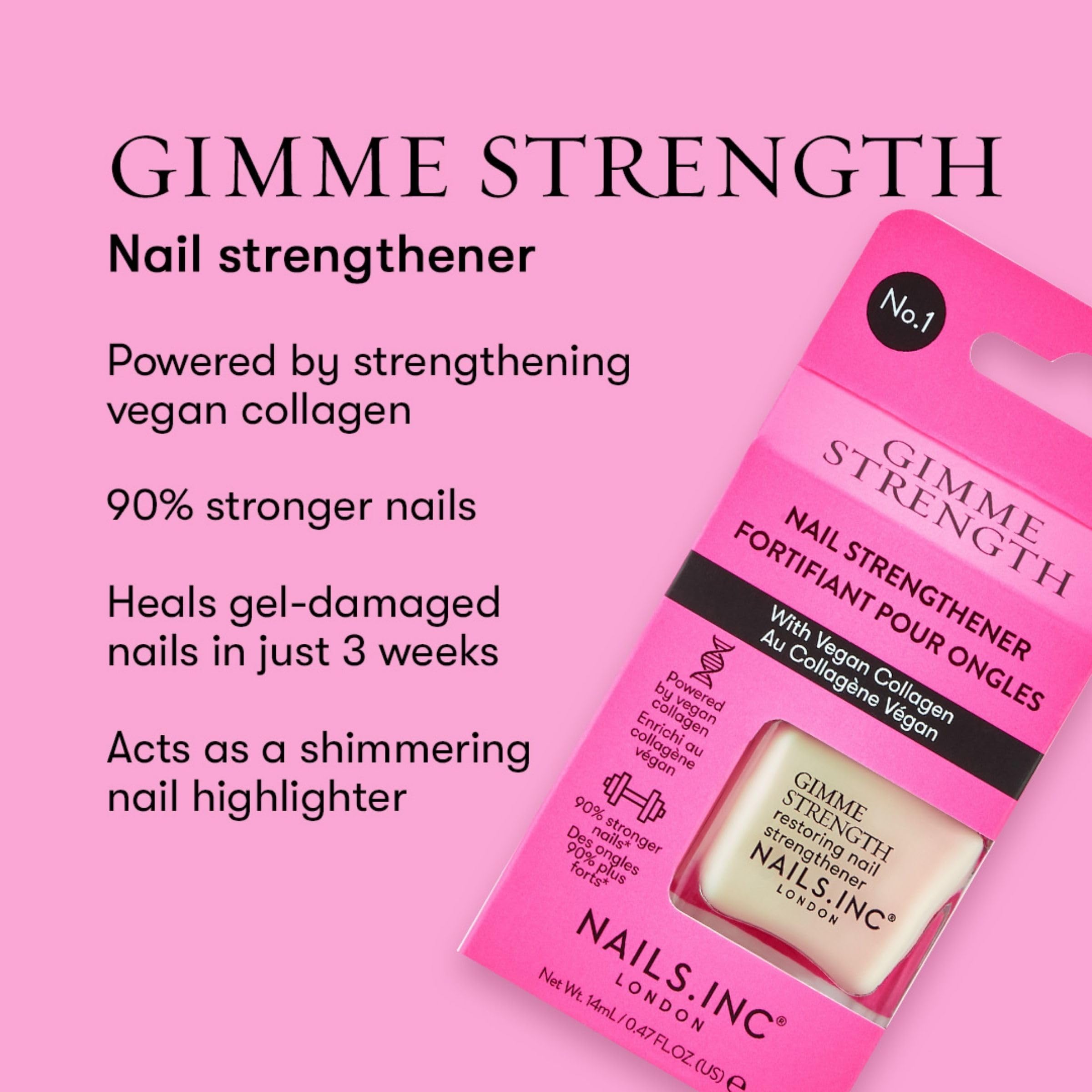 Nails Inc Gimme Strength Nail Treatment - Restoring Strengthener - Vegan Collagen - Shimmering Nail Highlighter - 14ml - Damaged Box