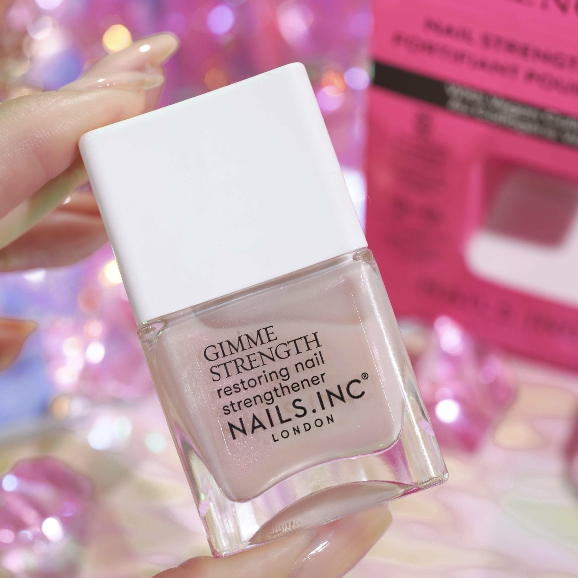 Nails Inc Gimme Strength Nail Treatment - Restoring Strengthener - Vegan Collagen - Shimmering Nail Highlighter - 14ml - Damaged Box