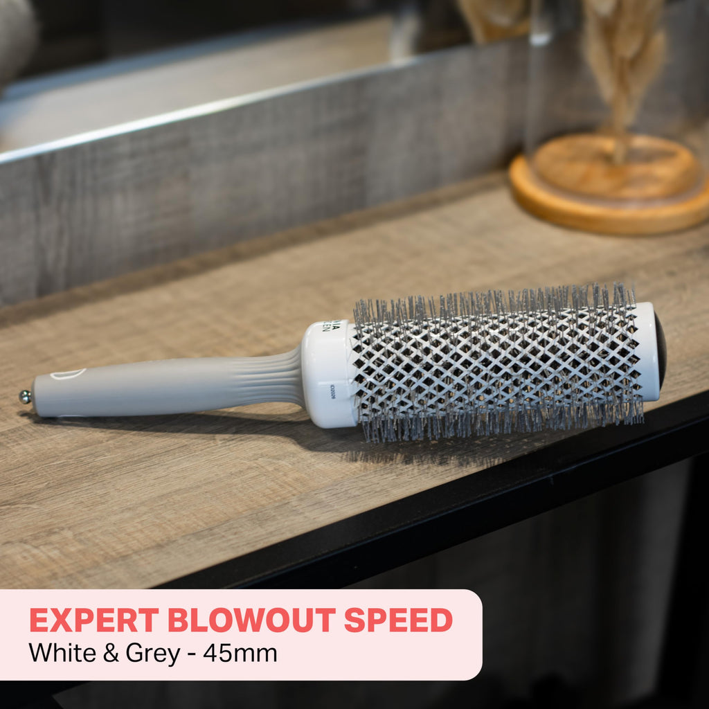 Olivia Garden Expert Blowout Speed - White & Grey - 45 - Ceramic Coated Round Brush with Extra Long Barrel for 25% Faster Blowouts