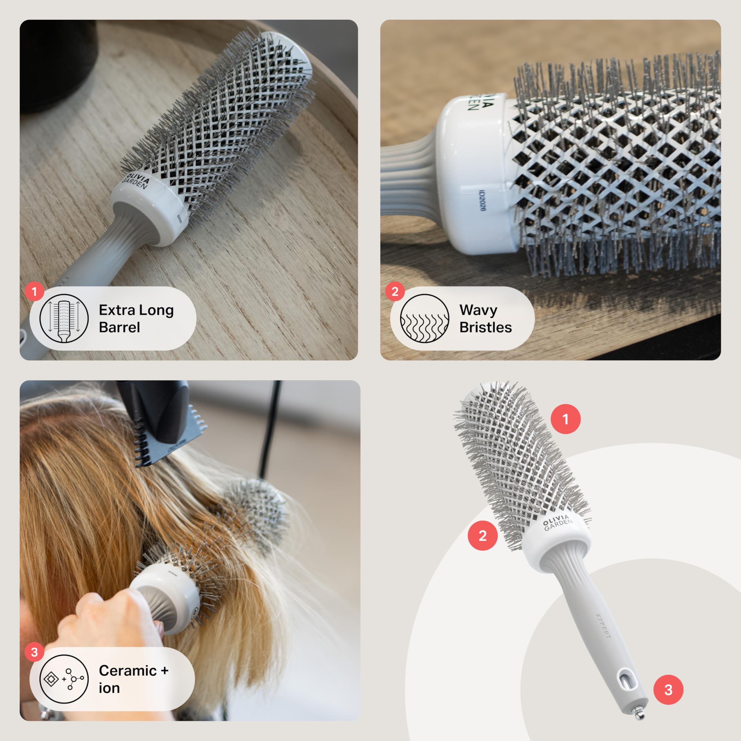 Olivia Garden Expert Blowout Speed - White & Grey - 45 - Ceramic Coated Round Brush with Extra Long Barrel for 25% Faster Blowouts