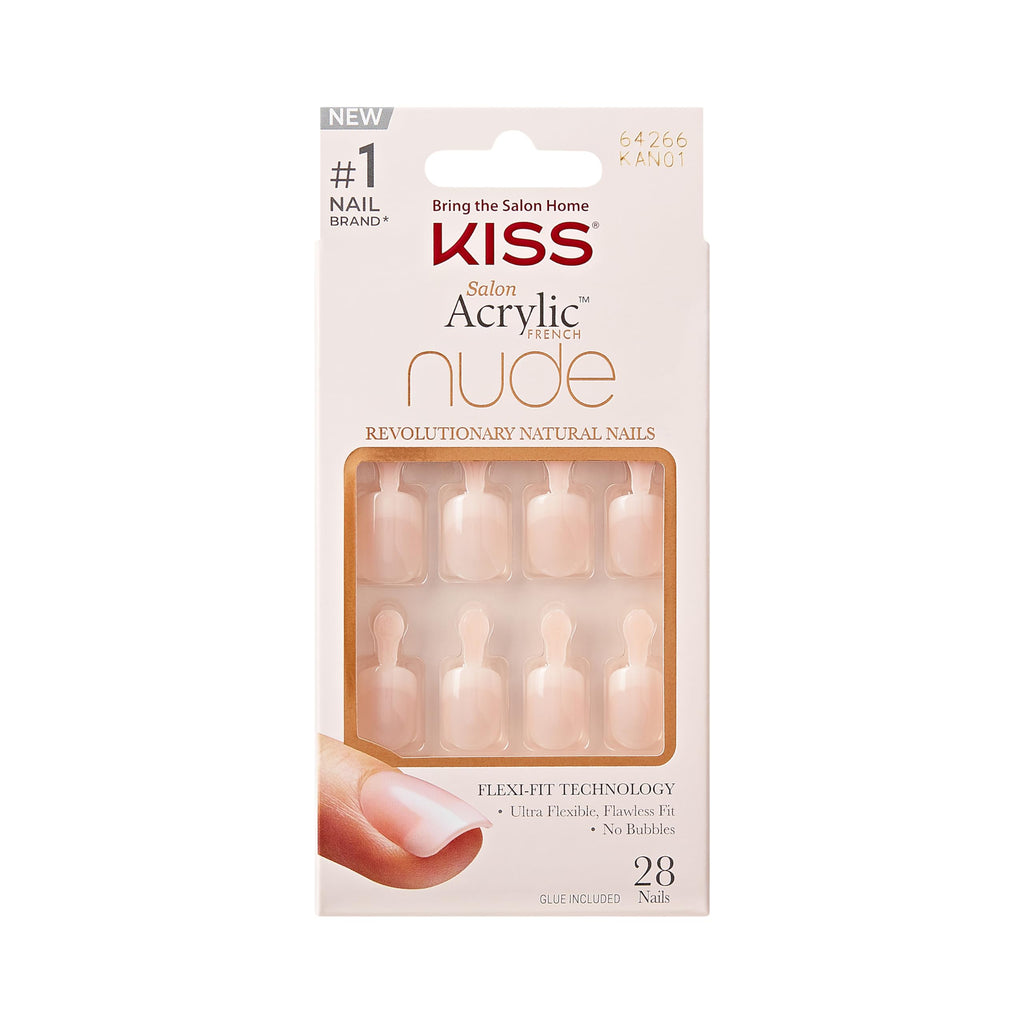 KISS Salon Acrylic French Nude Collection Fake Nails - Real Short Length, 28 False Nails with Glue & File - Damaged Box
