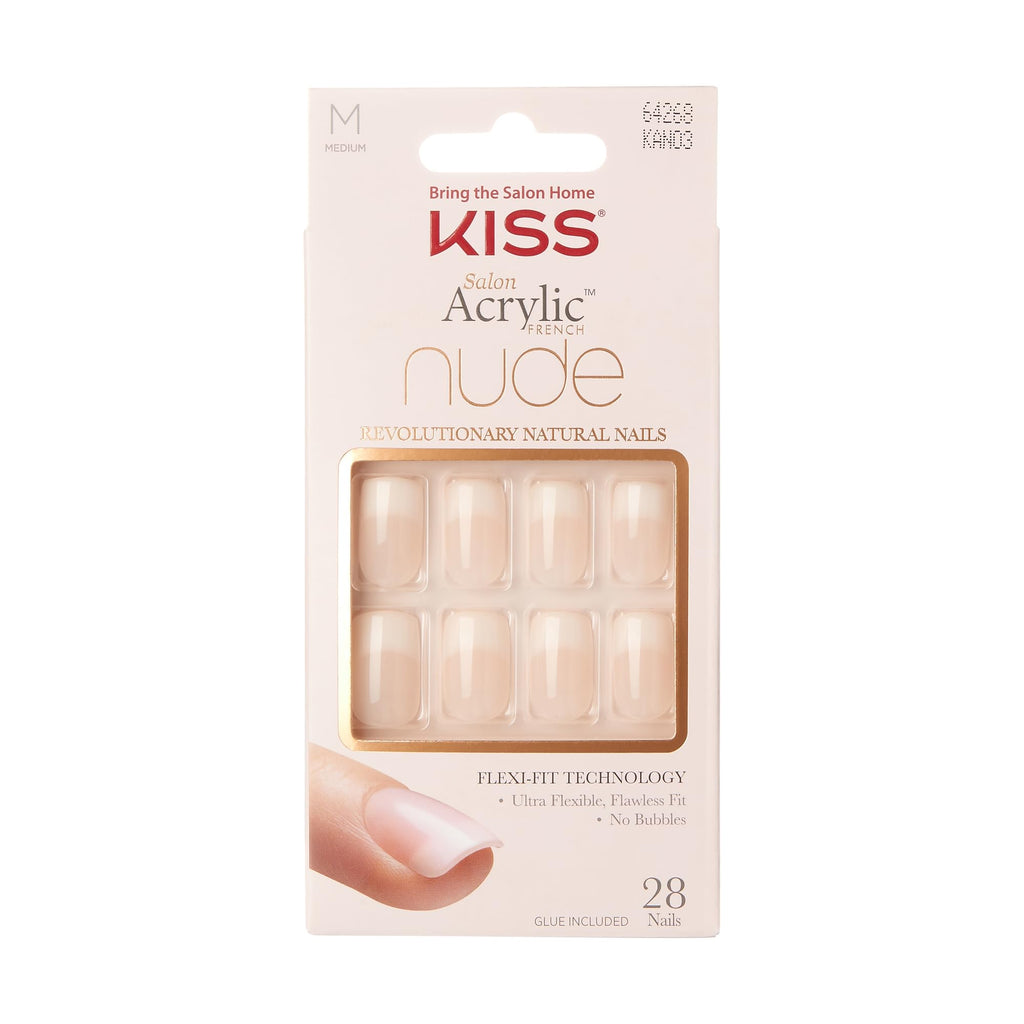 KISS Salon Acrylic French Nude Collection Fake Nails - Real Short Length, 28 False Nails with Glue & File - Damaged Box