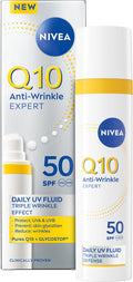 NIVEA Q10 Anti-Wrinkle Expert Daily UV Face Fluid SPF 50 40ml - Anti-Ageing Sun Cream for Oily Skin, Matte Finish - Damaged Box