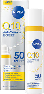NIVEA Q10 Anti-Wrinkle Expert Daily UV Face Fluid SPF 50 40ml - Anti-Ageing Sun Cream for Oily Skin, Matte Finish - Damaged Box