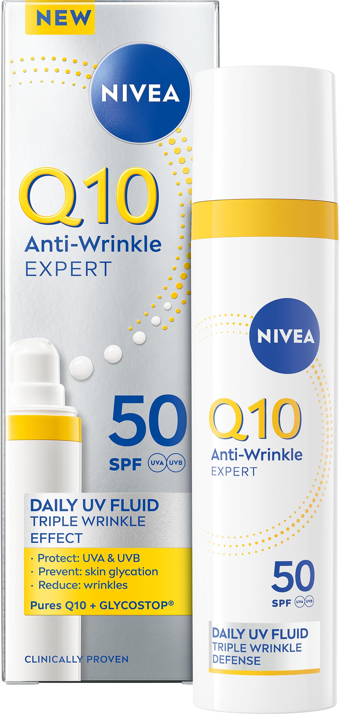 NIVEA Q10 Anti-Wrinkle Expert Daily UV Face Fluid SPF 50 40ml - Anti-Ageing Sun Cream for Oily Skin, Matte Finish - Damaged Box