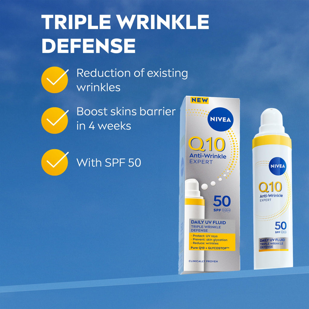 NIVEA Q10 Anti-Wrinkle Expert Daily UV Face Fluid SPF 50 40ml - Anti-Ageing Sun Cream for Oily Skin, Matte Finish - Damaged Box