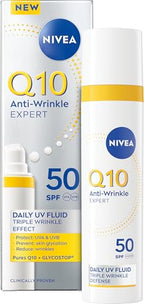 NIVEA Q10 Anti-Wrinkle Expert Daily UV Face Fluid SPF 50 40ml - Anti-Ageing Sun Cream for Oily Skin, Matte Finish - Damaged Box