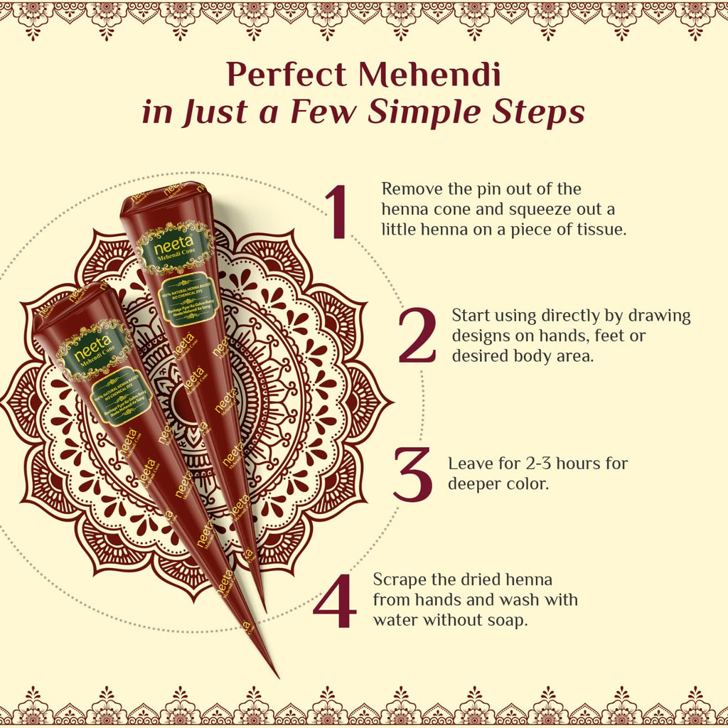 Neeta Henna Cones 4 Pack - Natural Mehndi for Temporary Tattoos, Body Art, Traditional Designs - Damaged Box