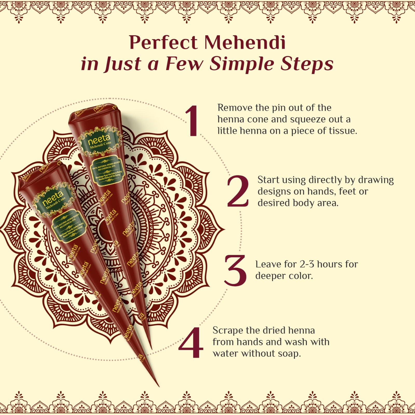 Neeta Henna Cones 4 Pack - Natural Mehndi for Temporary Tattoos, Body Art, Traditional Designs - Damaged Box